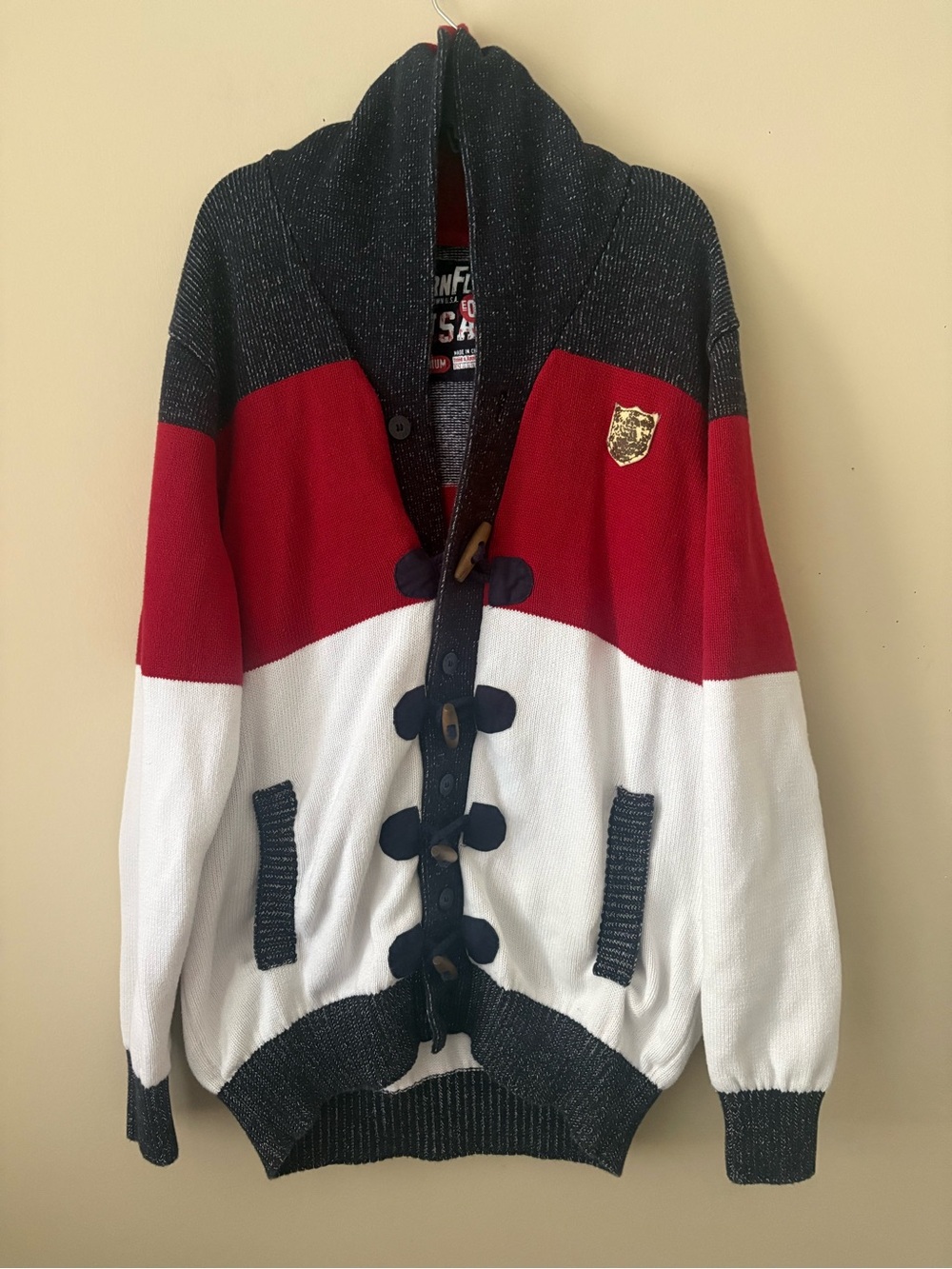 Born Fly USA Colorblock Toggle Men’s Cardigan Sweater - Red, White & Navy SZ. M
